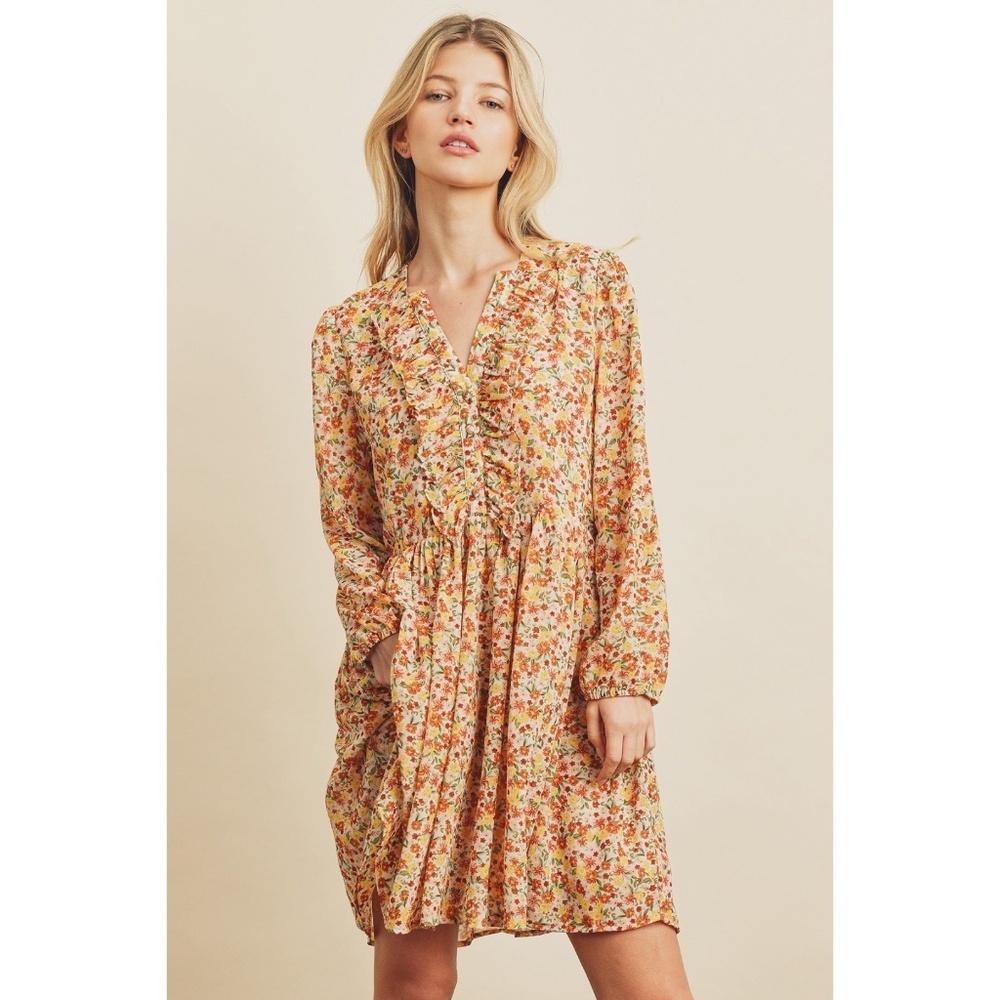 DRESS FORUM Yellow & Orange Ditzy Floral V Neck Mini Dress - Picture 7 of 8